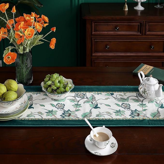 patdrea Designer Elegant French Floral Velvet Table Runner, Teal - Image 4