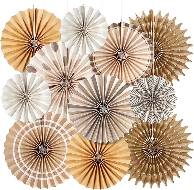Boho Hanging Paper Fans White Brown Champagne Party Decorations Neutral Rustic by EasyJoy