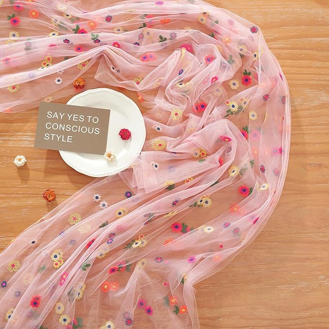 Pink Embroidery Daisy Fall Table Runner 120Inch 10FT Florals Soft Sheer Tulle - Image 6