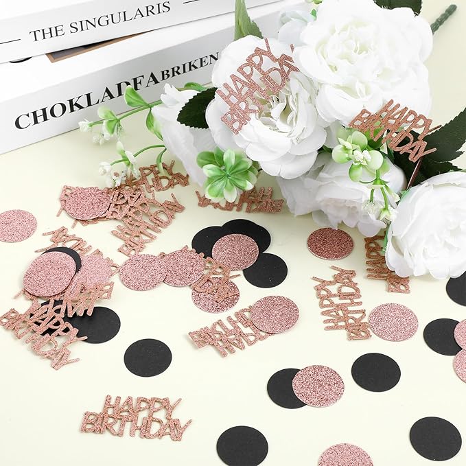 100Pcs Rose Gold and Black Happy Birthday Glitter Confetti, Polka Dot pink - Image 4