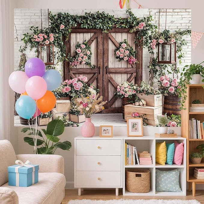 5x4ft Country Wedding Photography Backdrop Floral Rustic Roses Farmhouse Wooden - Image 4