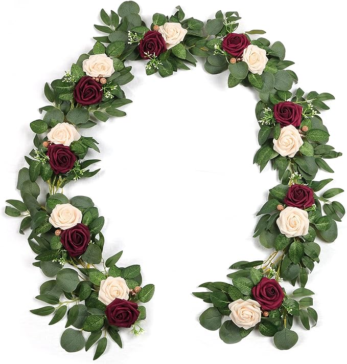 ponatia 6.5FT Handcrafted Artificial Rose Flower Garland, Eucalyptus Greenery by ponatia
