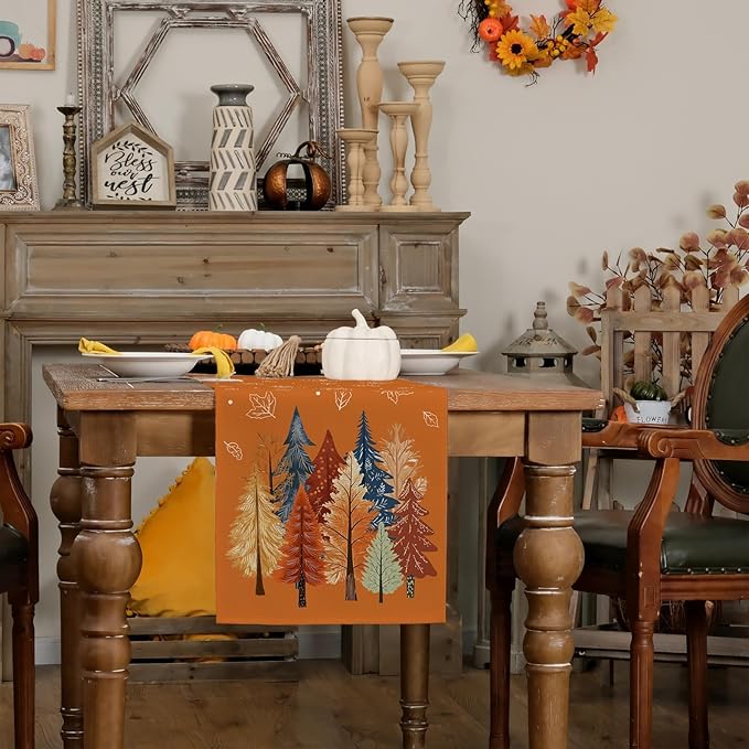 GEEORY Fall Watercolor Trees & Maple Leaves Table Runner 13x72 Inch, Rustic - Image 7