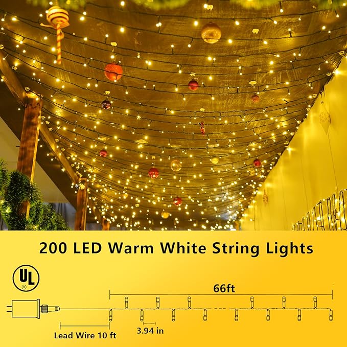 YEGUO 200 LED 66ft Christmas Lights Outdoor Waterproof, Warm White String Light - Image 3