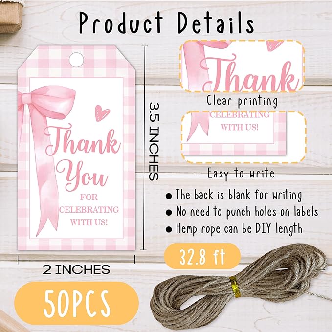 Pink Bow Gift Tags, Thank You for Celebrating - Image 2