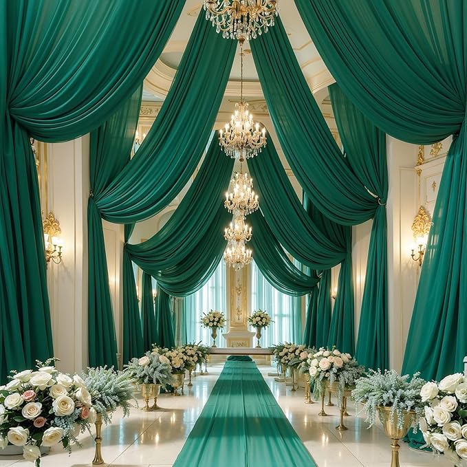 Wedding Arch Draping Fabric, 2 Panels 18FT Emerald Green Sheer Chiffon Curtain - Image 8