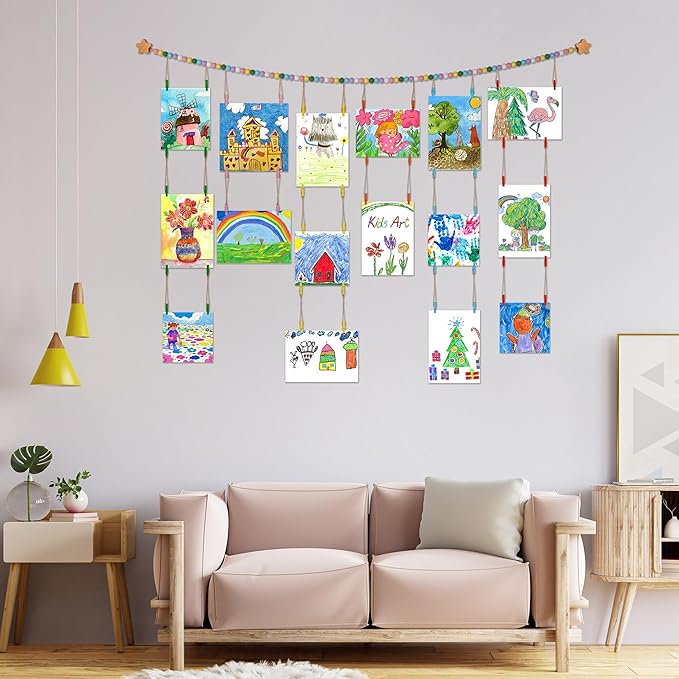 Kids Artwork Display Art Wall Decor 4.93ft Boho Wooden Beaded Garland Collage - Image 6