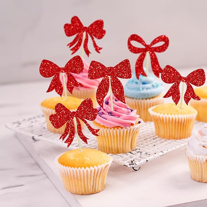 Gyufise 36Pcs Bow Cupcake Toppers Glitter Bowknot Cupcake Picks Bow Tie - Image 4