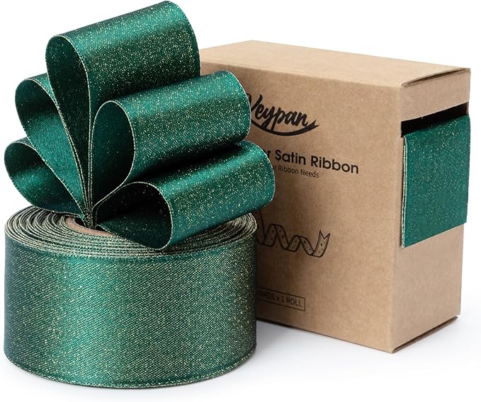 Christmas Ribbon Wired Green Satin Ribbons 1-1/2 Inch Double-Faced Gold Glitter by Keypan