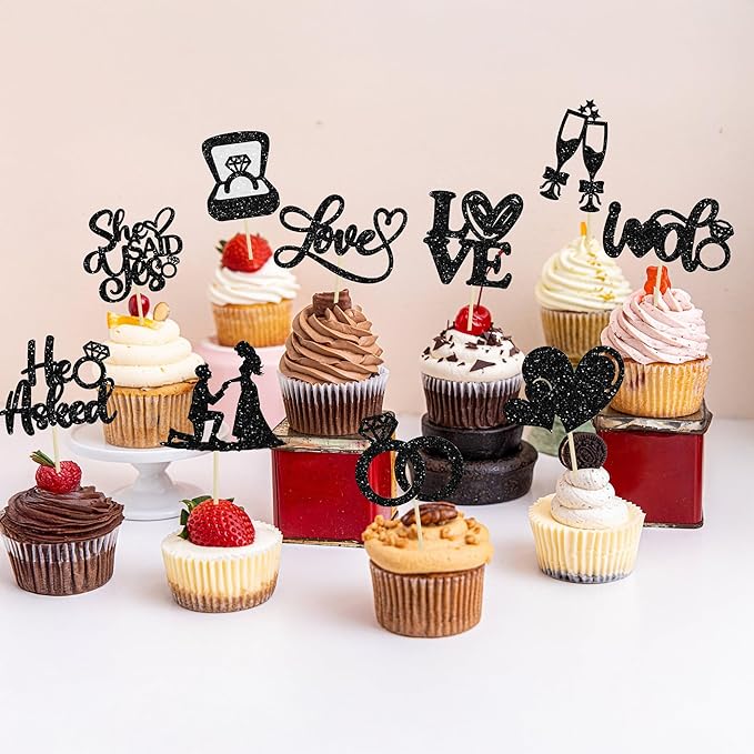 Ephlyn 30Pcs He Asked She Said Yes Cupcake Toppers Glitter Engagement Cupcake - Image 6