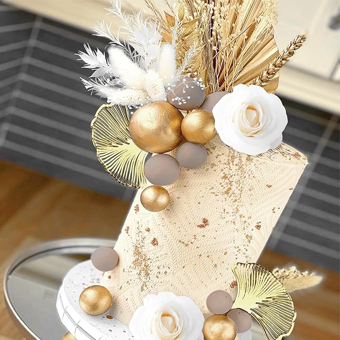JeVenis Boho Champagne Cake Decoration Gold Balls Cake Decoration Palm Leaves - Image 7