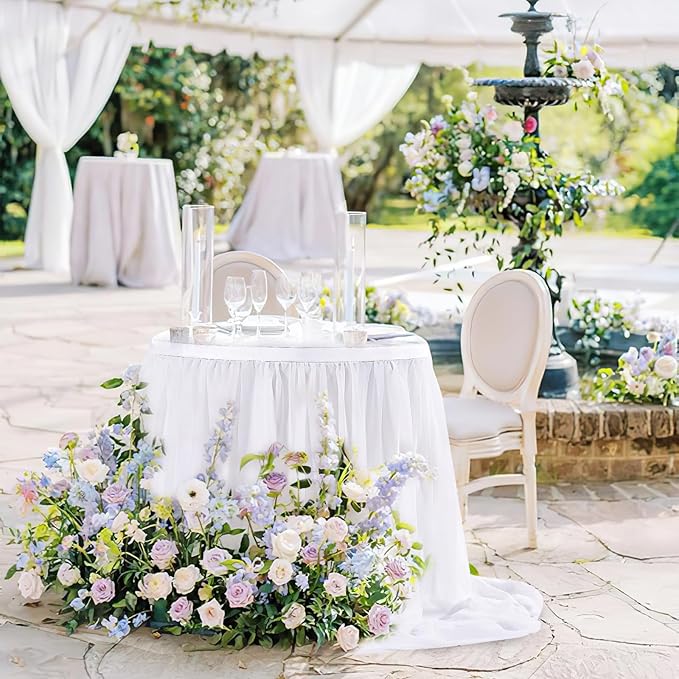 White Table Skirt for Rectangle Tables 14FT Chiffon Sheer Tablecloth for - Image 2