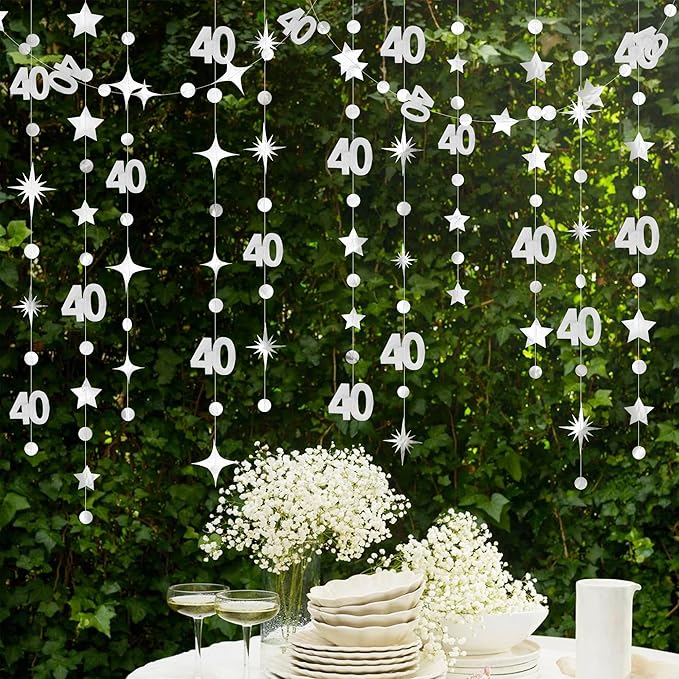 Silver 40th Birthday Decorations Number 40 Circle Dot Twinkle Star Garland - Image 4