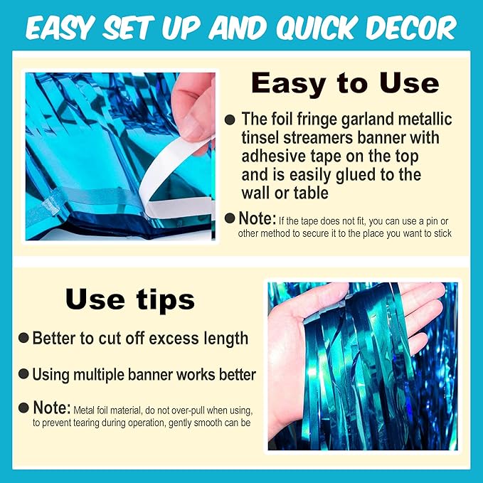 4 Pack 10 Ft Lake Blue Foil Fringe Garland Metallic Streamers Tinsel Banner - Image 3