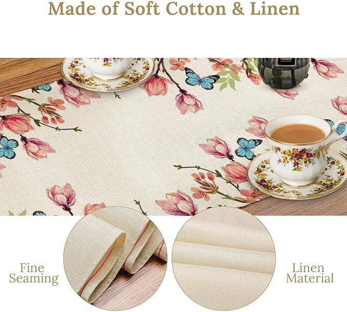 Flowers Table Runner, Floral Bird Butterfly Spring Table Cloth Kitchen Dining - Image 5