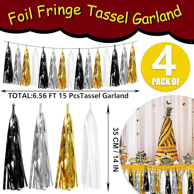 4P Black Gold Silver Foil Fringe Tassel Banner Garland Metallic Tinsel - Image 2