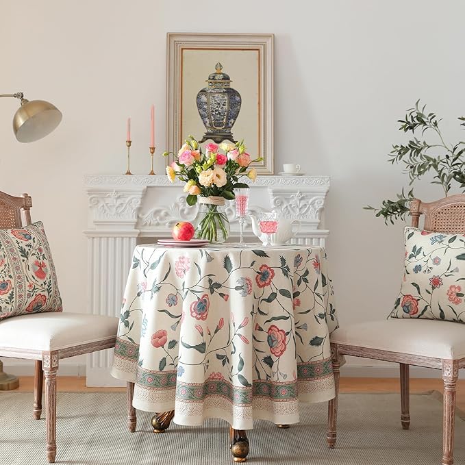 ISAENNE Designer Chinoiserie Linen Floral Round Tablecloth, Elegant Decor - Image 2