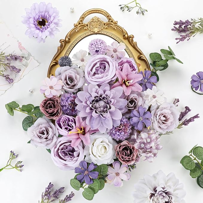 AmyHomie Lavender Artificial Flowers Combo Silk Mix Peony Rose Fake Flowers - Image 2