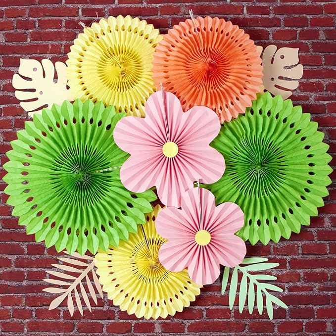 SUNBEAUTY Paper Flowers Pink and Green Party Decorations Hanging Fans Spring by SUNBEAUTY