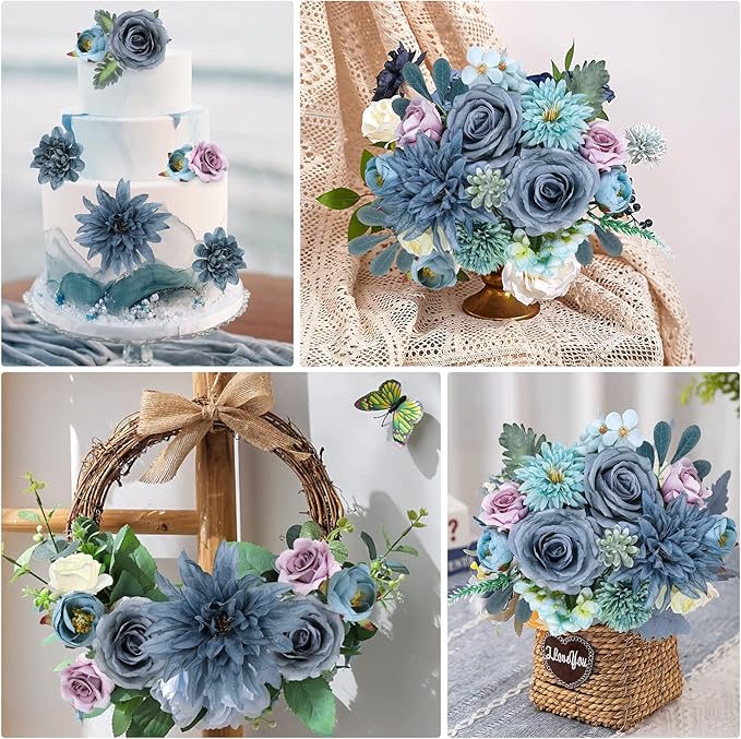 AmyHomie Blue Artificial Flowers Combo Silk Mix Peony Rose Hydrangea Fake - Image 5