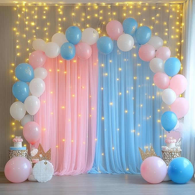 Tulle Backdrop Curtain with Lights String 10FT X 8FT Pink and Blue Sheer Tulle - Image 5