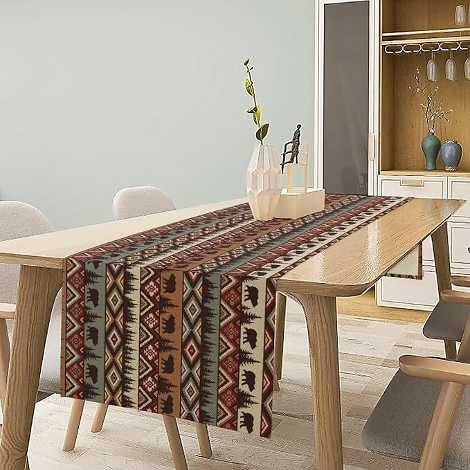 Retro Cabin Table Runner Rustic Bear Forest Farmhouse Lodge Jungle Table Runner - Image 7