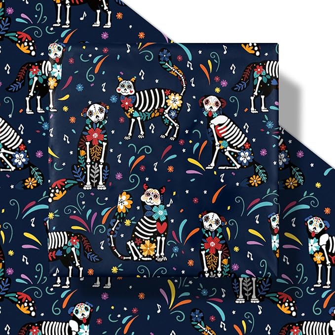 LeZakaa Day of the Dead Wrapping Paper Roll, Colorful Skeleton Dogs Cats - Image 6
