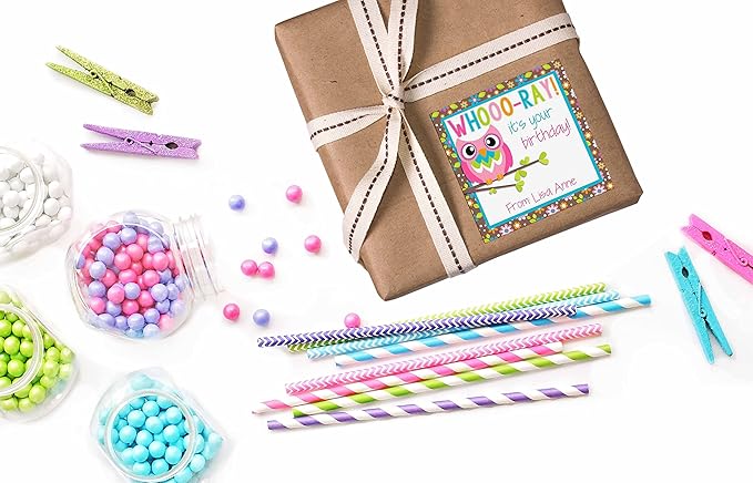 Custom & Personalized Colorful Floral Owl Happy Birthday Gift Tag Sticker Labels - Image 5