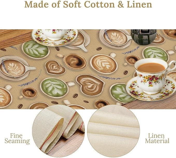 Coffee Theme Table Runner, Farmhouse Retro Brown Coffee Cup Tea Party Rustic - Image 5