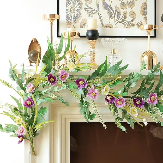 Mizii Purple Artificial Flower Garland 6FT Fake Poppy Floral Garland Hanging - Image 4