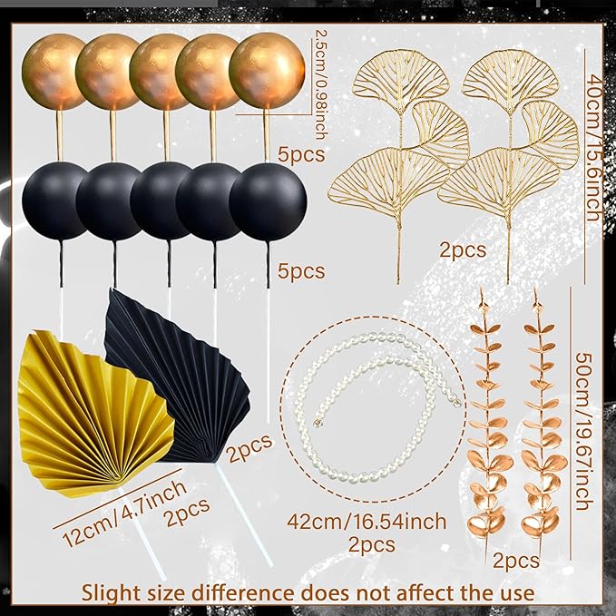 Boho Cake Topper Black Gold Balls Cake Topper Gold Leaves Cake Decoration Prom - Image 2