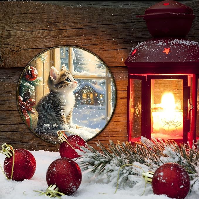 Round Christmas Sign Cats Vintage Metal Sign Christmas Kitten Retro Tin Sign - Image 5