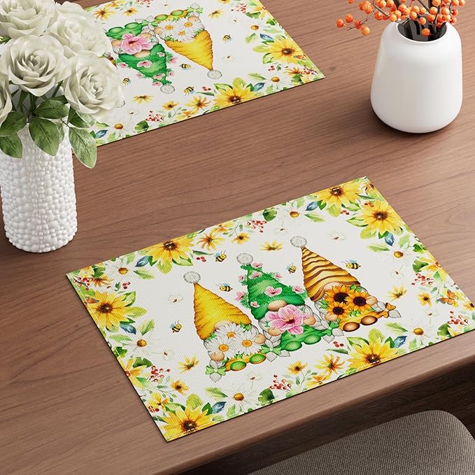 XCHI Daisies Flowers Gnomes Spring Placemats Set of 4 Table Mats Summer - Image 2