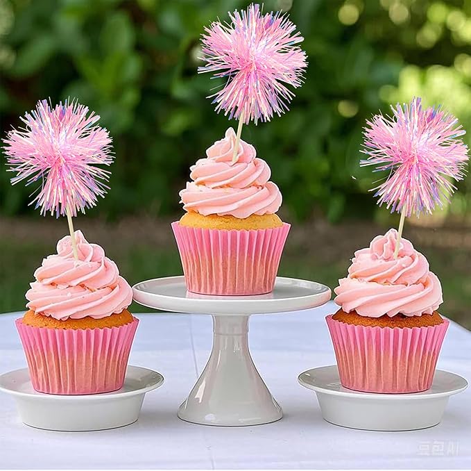 Ephlyn 30Pcs Foil Firework Cupcake Toppers Sparkle Tinsel Cupcake Picks Happy - Image 4