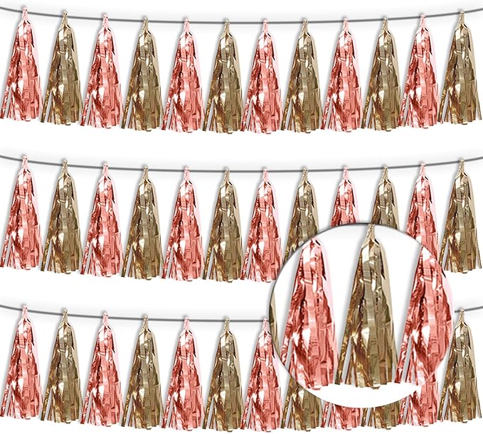 3P Rose Champagne Gold Metallic Fringe Tassel Banner Garland Foil Tinsel by Xuuf