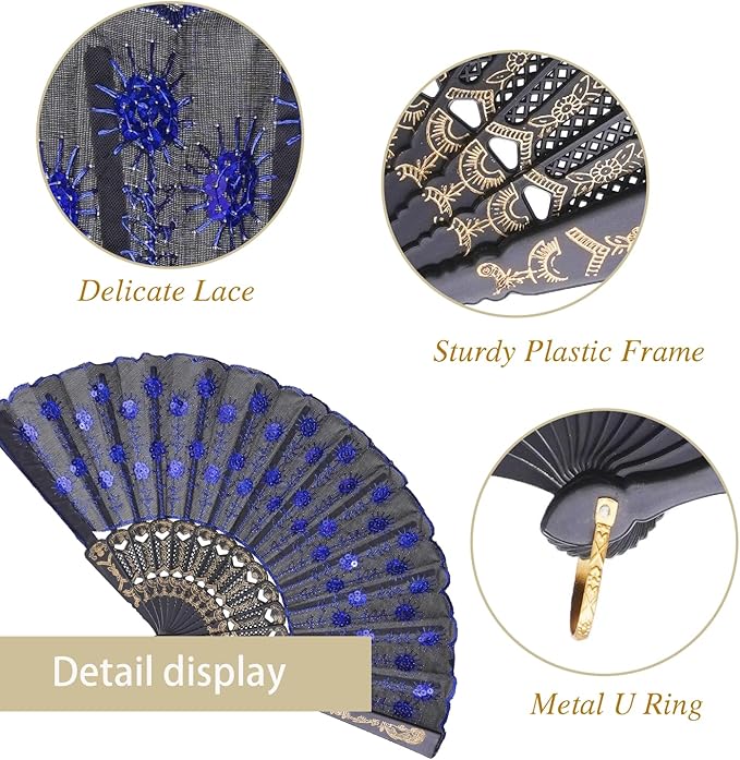 QIRMIZI 10 Pack Fabric Folding Handheld Fans, and Dancing, Royal Blue - Image 2