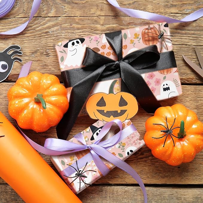 LeZakaa Pink Halloween Wrapping Paper Roll, Cute Ghosts Pumpkins Fall Florals - Image 7