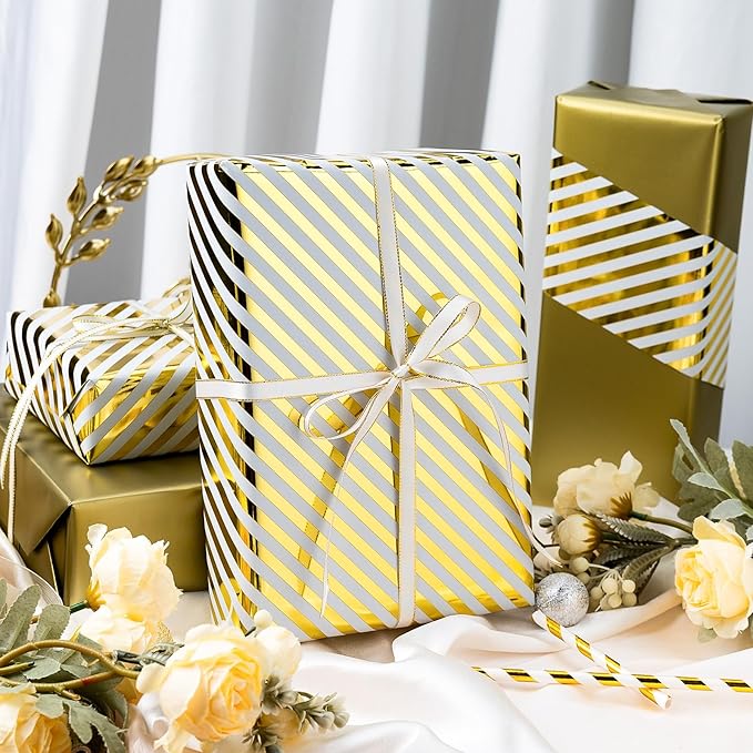 Burymento Platinum Stripe Wrapping Paper, Reversible Gold Gift Wrap - Image 5