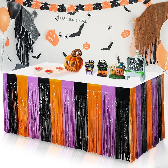 6 Pack 30x108 Inch Halloween Table Skirt Decoration, Metallic Foil Fringe - Image 2