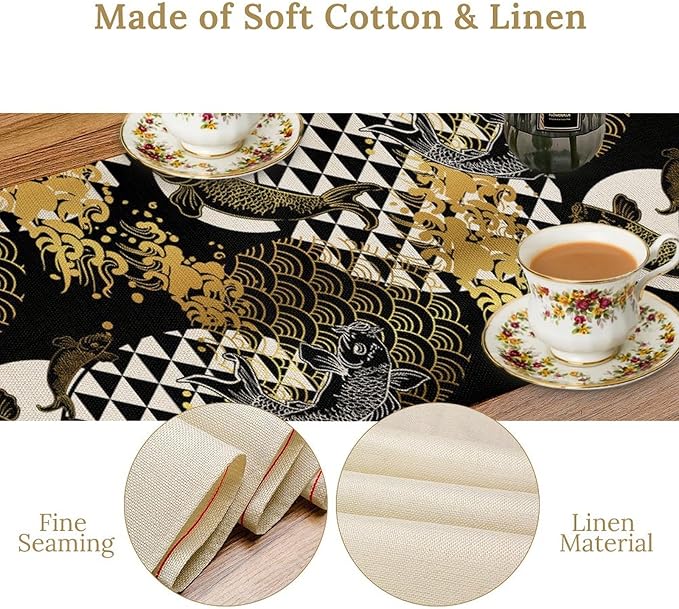 Japanese Table Runner Oriental Tradition Kio Fish Gold Art Printed Burlap - Image 4
