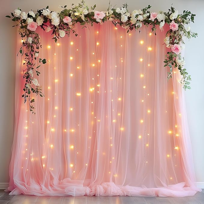 Tulle Backdrop Curtain with Lights String 10FT X 8FT Peach Sheer Tulle Backdrop by Xiomot