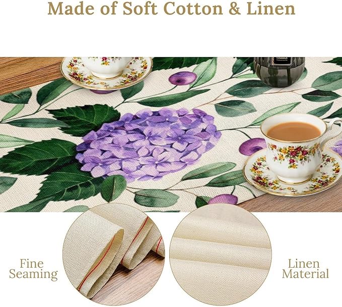Spring Hydrangea Flower Table Runner, Seasonal Summer Plants Eucalyptus Leaves - Image 5