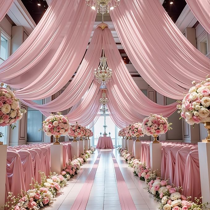 Wedding Arch Draping Fabric 2 Panels 18Ft Dusty Rose Chiffon Fabric Drapery - Image 6