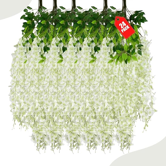 24 Pack Green White Wisteria Hanging Flowers, 3.4 Ft Fake Hanging Flowers by ZEBMOON