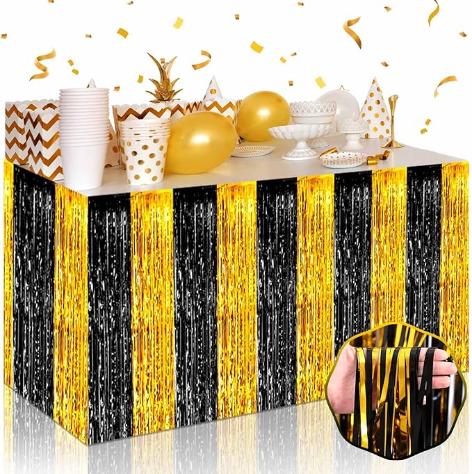 3 Pack 29 x108 Inch Black Gold Foil Fringe Table Skirts Metallic Banner by Mebiornt