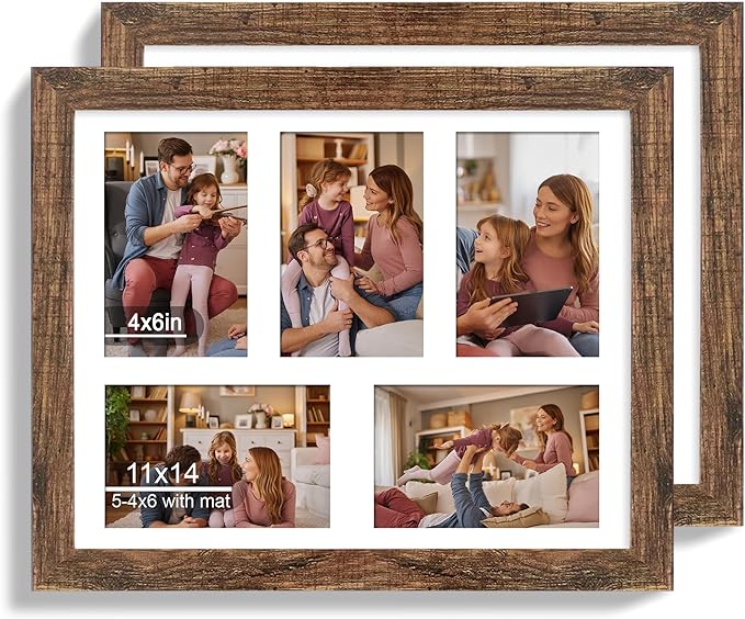 11x14 Picture Frame Set of 2, Rustic Brown Wood Frame by Hongkee