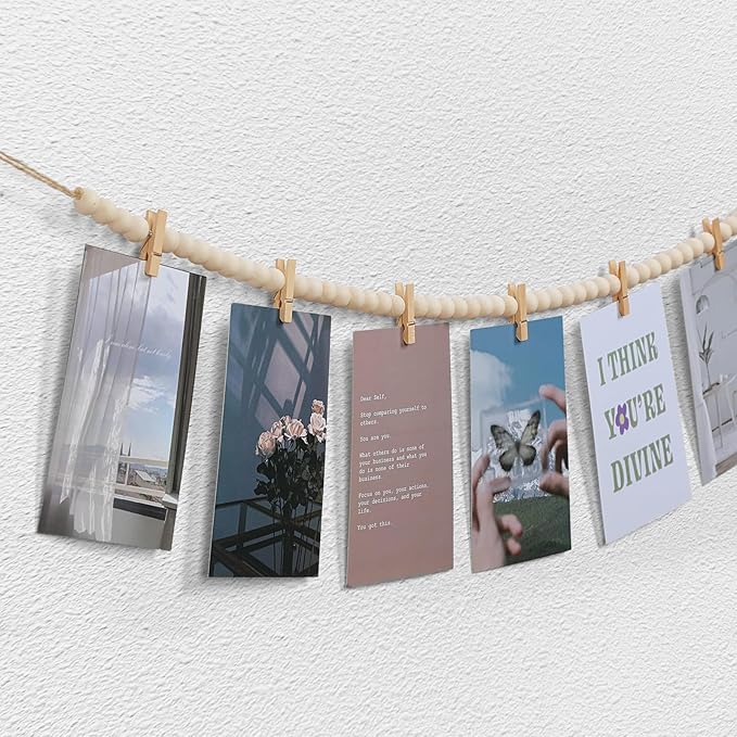 Hanging Photo Display with Clips, Boho Wooden Bead Garland Collage Picture - Image 3