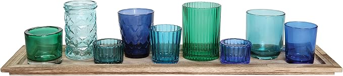 Creative Co-Op Wood Tray with 9 Blue & Green Glass Votive Holders - Image 5