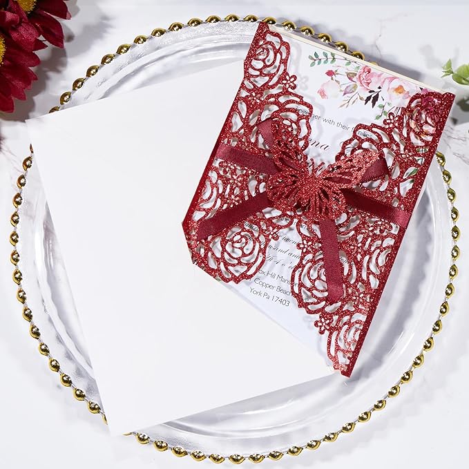 50pcs Burgundy Glitter Wedding Invitation Butterfly Rose Laser Cut Invitation - Image 3