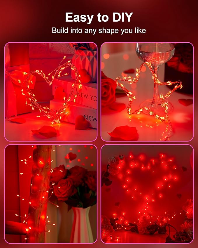 Red Fairy Lights Battery Operated, Valentine's Day Silver Wire 5 Feet 60 Led - Image 5
